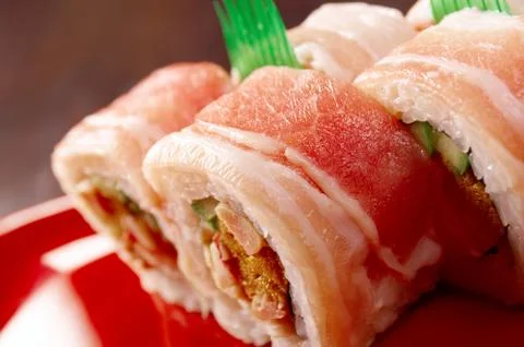Sushi roll with  bacon Stock Photos