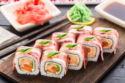 Sushi roll with bacon Stock Photos