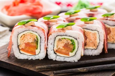 Sushi roll with bacon Stock Photos