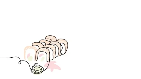 Sushi roll banner, background. One continuous line art drawing banner with text Stock Footage 302385046