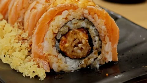 Sushi roll with burned salmon. Stock Footage 307594508