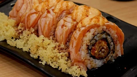 Sushi roll with burned salmon. Stock Footage 307594527
