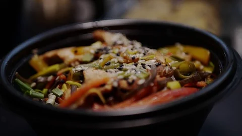 Sushi roll close-up in a box, slow mo wasabi and soy sauce, delicious food deliv Stock Footage 127541636