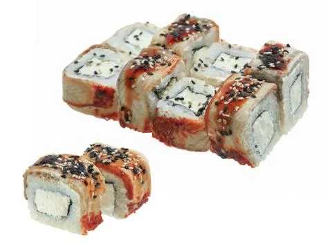 Sushi roll with eel, cheese and sesame. Stock Photos