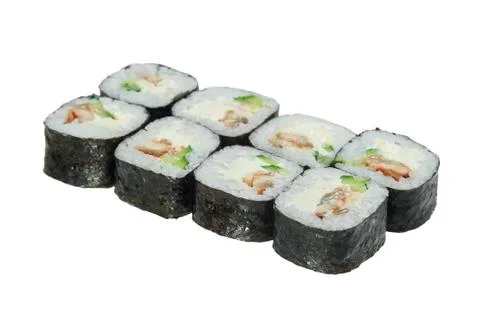 Sushi roll with eel, cheese and cucumber. Stock Photos