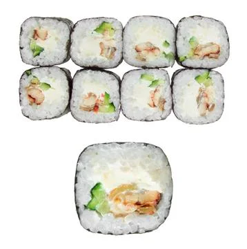 Sushi roll with eel, cheese and cucumber. Stock Photos