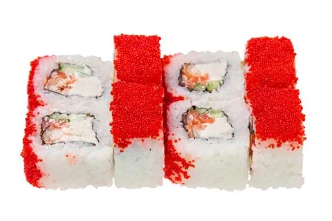 Sushi roll with eel, cheese, caviar and cucumber. Stock Photos