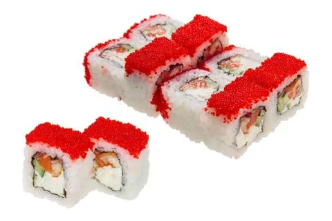 Sushi roll with eel, cheese, caviar and cucumber. Stock Photos