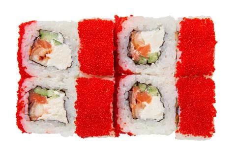 Sushi roll with eel, cheese, caviar and cucumber. Stock Photos