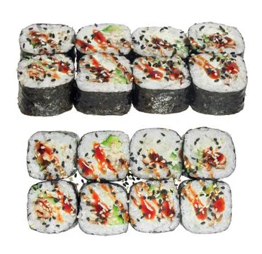 Sushi roll with eel, cheese, cucumber and sesame. Stock Photos