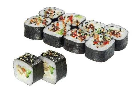 Sushi roll with eel, cheese, cucumber and sesame. Stock Photos