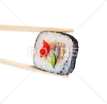 Sushi roll with eel, sweet pepper and cucumber Stock Photos