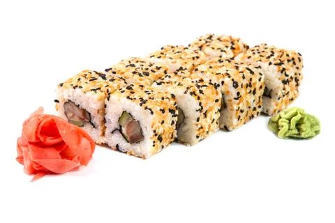 Sushi roll with fish and sesame isolated on white Stock Photos