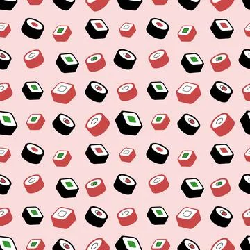 Sushi roll on pink background, seamless pattern, vector. Stock Illustration