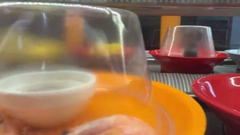 Sushi roll plate glides continuously along an automatic transport belt, Stock Footage 334676436