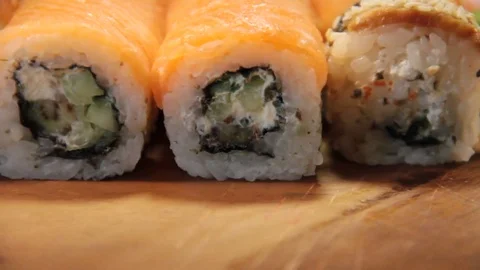 Sushi roll rolls on the table Stock Footage 77039368