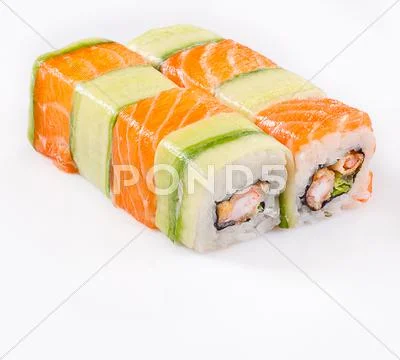 Sushi roll with salmon and cucumber Stock Photos