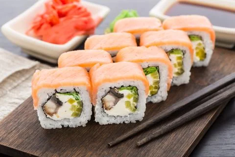 Sushi roll with salmon and eel Stock Photos