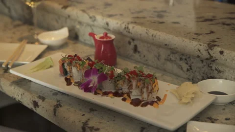Sushi roll served at sushi bar Stock Footage 167144209