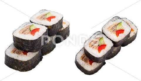 Sushi roll set with eel, sweet pepper, cucumber Stock Photos