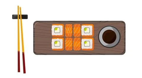 Sushi roll set on geta tray. Uramaki sushi roll with cream cheese and avocado Stock Illustration