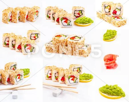 Sushi roll set with sesame, sweet pepper, cucumber and wasabi Stock Photos