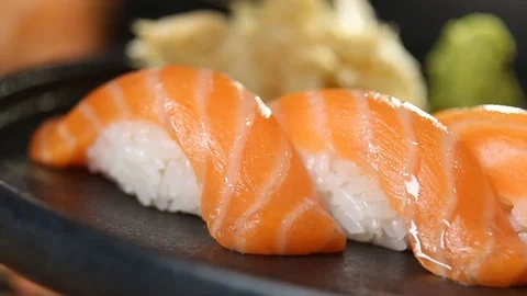 Sushi roll set . Various Sushi japanese food in restaurant. Video stock 125039749