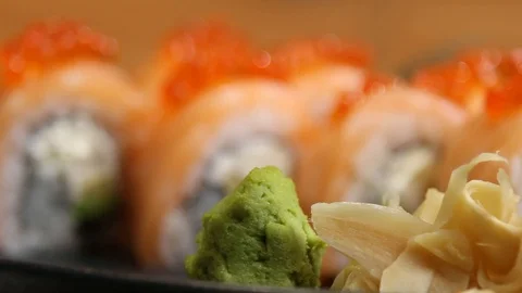 Sushi roll set . Various Sushi japanese food in restaurant. Video stock 125086555