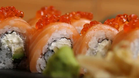 Sushi roll set . Various Sushi japanese food in restaurant. Stock Footage 125086575