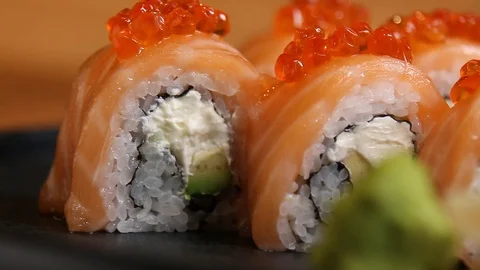 Sushi roll set . Various Sushi japanese food in restaurant. Video stock 125086695
