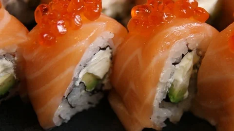 Sushi roll set . Various Sushi japanese food in restaurant. Stock Footage 125238934