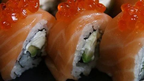 Sushi roll set . Various Sushi japanese food in restaurant. Stock Footage 125238937