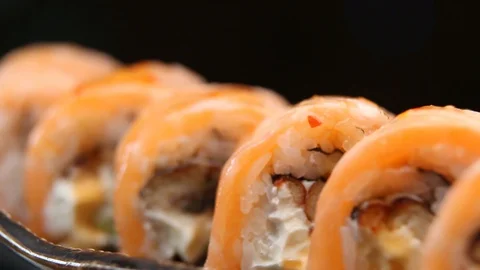 Sushi roll set . Various Sushi japanese food in restaurant. Stock Footage 128906322