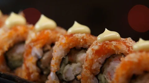 Sushi roll set . Various Sushi japanese food in restaurant. Stock Footage 128906345