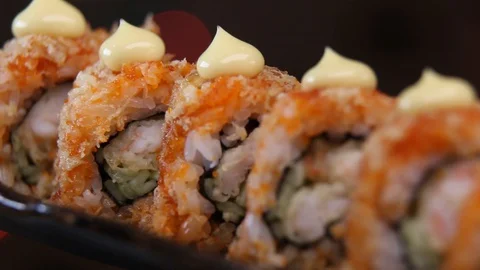 Sushi roll set . Various Sushi japanese food in restaurant. Stock Footage 128906699