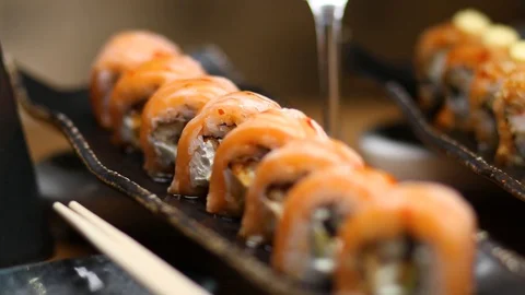 Sushi roll set . Various Sushi japanese food in restaurant. Stock Footage 129090905