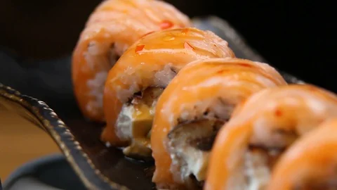Sushi roll set . Various Sushi japanese food in restaurant Stock Footage 129091151