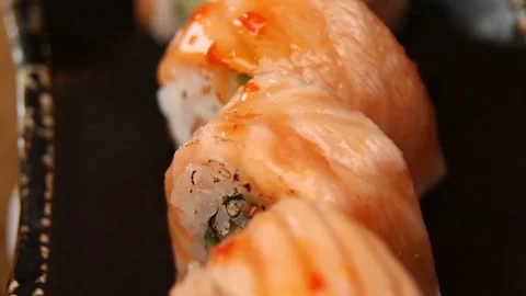 Sushi roll set . Various Sushi japanese food in restaurant Stock Footage 129091166