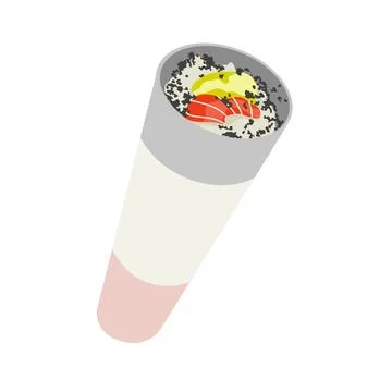 A sushi roll on tube packaging with a slice of avocado fruit on top. Instant sus Stock Illustration