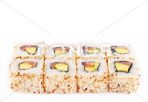 Sushi roll with tune and avocado Stock Photos