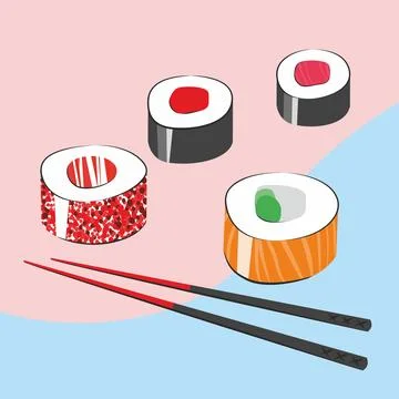 Sushi roll vector set. Japanese cuisine, traditional food. Stock Illustration