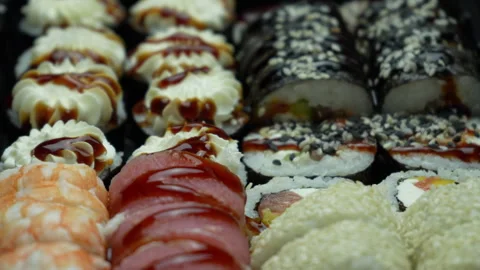 Sushi rolls of different shapes and types Stock Footage 305752118