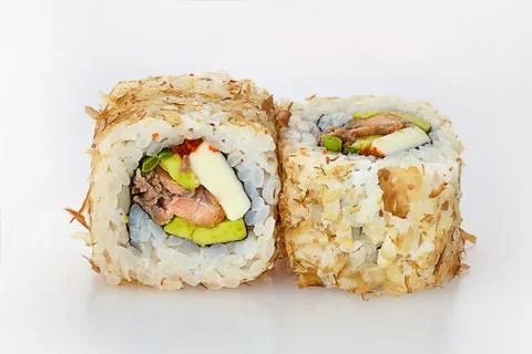 Sushi rolls fried on a white background Stock Photos