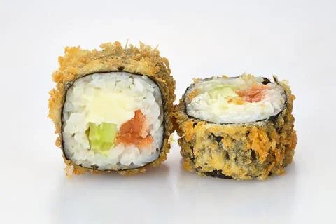 Sushi rolls fried on a white background Stock Photos