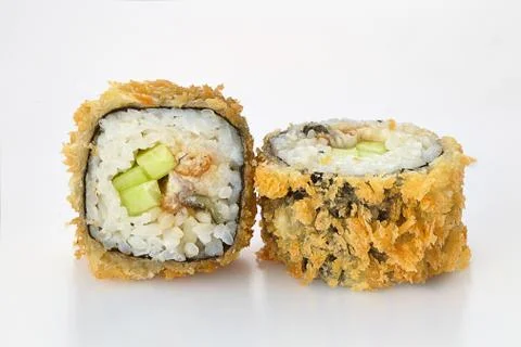 Sushi rolls fried on a white background Stock Photos
