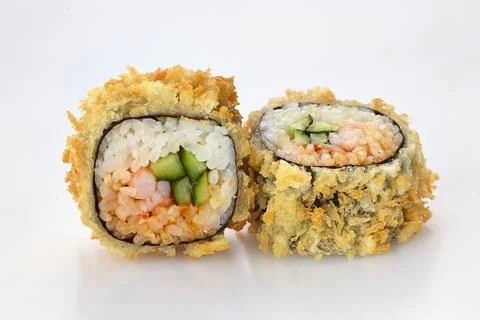 Sushi rolls fried on a white background Stock Photos