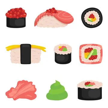 Sushi, rolls, icon set on white isolated background. Vector illustration Stock Illustration