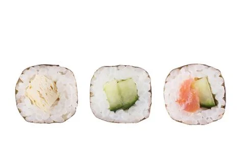 Sushi rolls isolated on white background. Collection. Close-up of delicious j Stock Photos