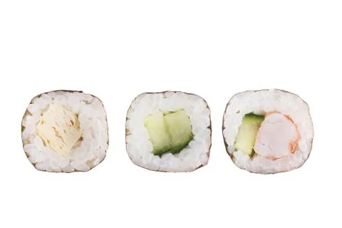 Sushi rolls isolated on white background. Collection. Close-up of delicious j Foto stock