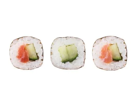 Sushi rolls isolated on white background. Collection. Close-up of delicious j Stock Photos
